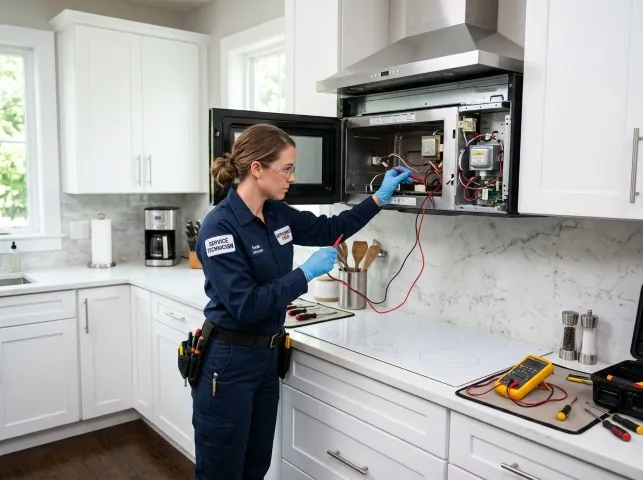Appliance Repair Hero technician testing an over-the-range microwave in a Aurora, CO kitchen